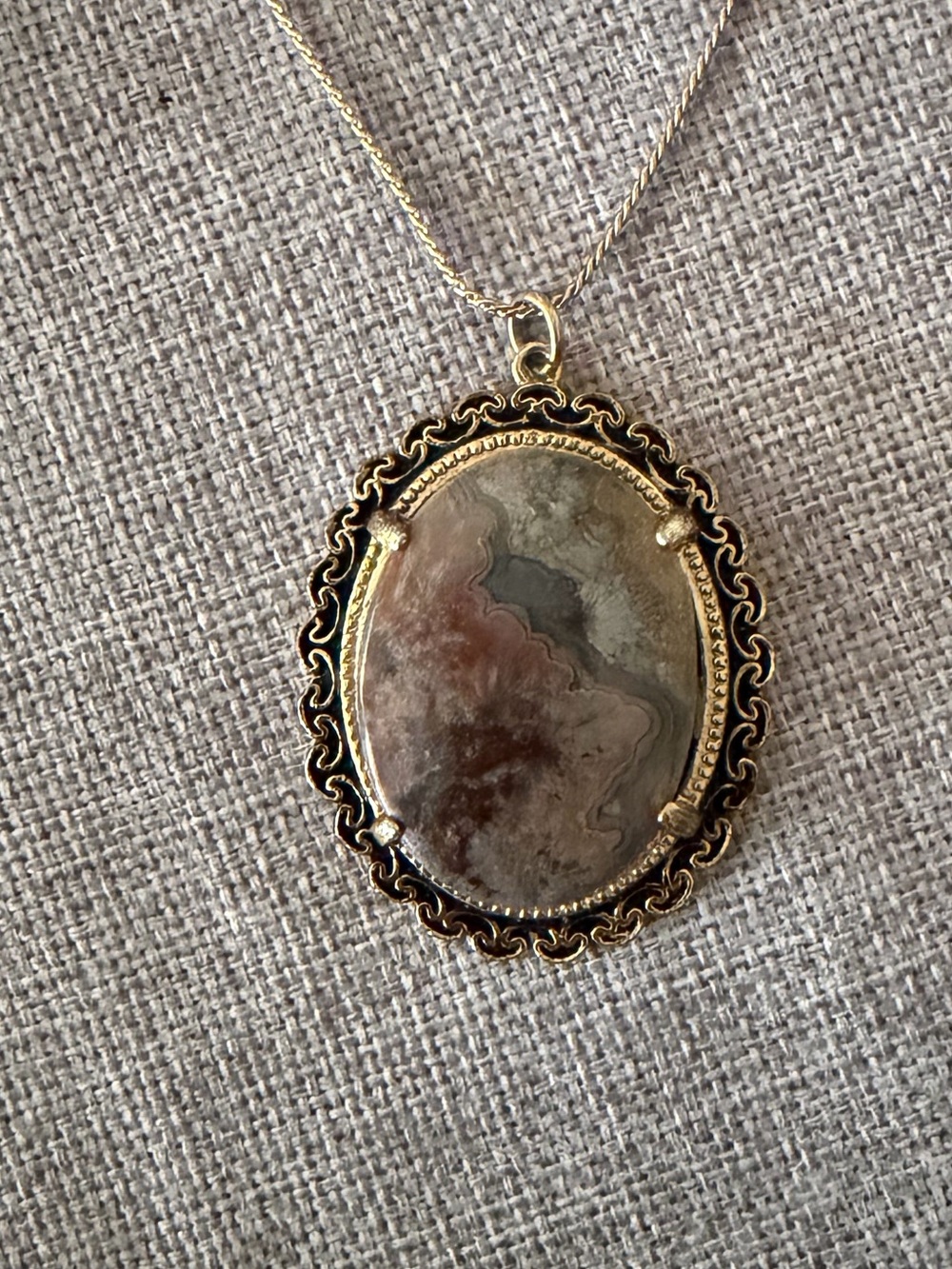 Jasper Agate Stone Pendant Gold Tone Vintage Style - Picture 8 of 8